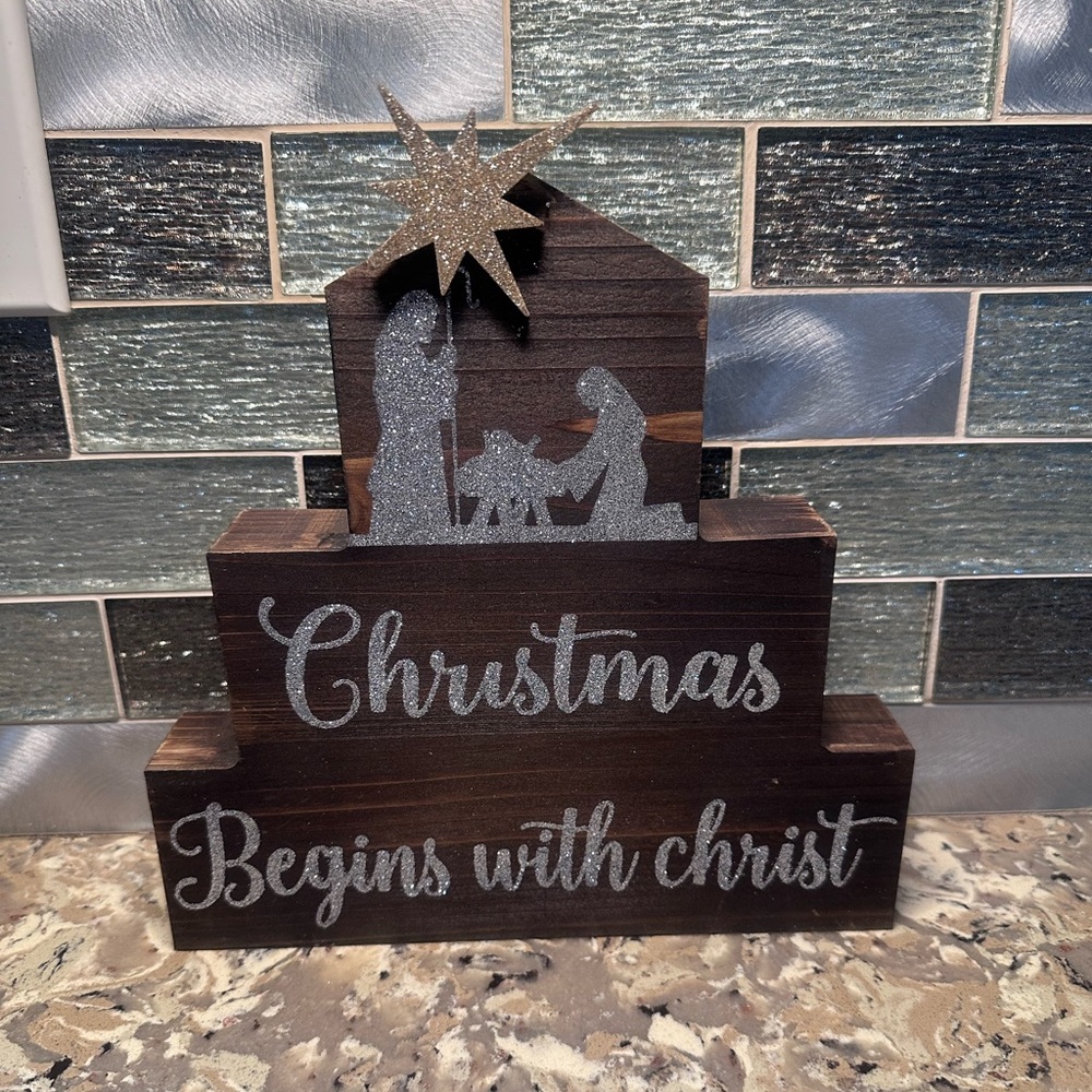 Christmas begins with Christ. Nativity Scene Decor with Silver Accents.